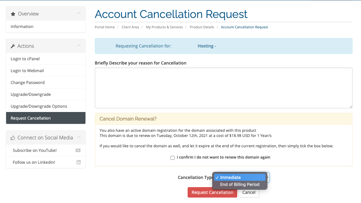 Request cancellation of a Service
