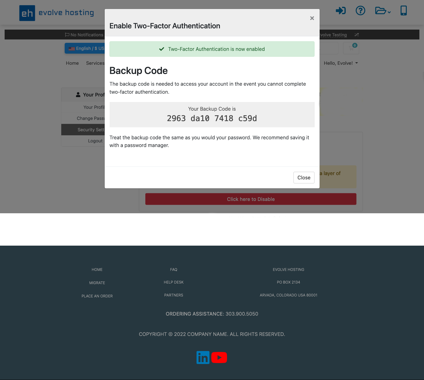 Two Factor Authentication (2FA) Backup Code