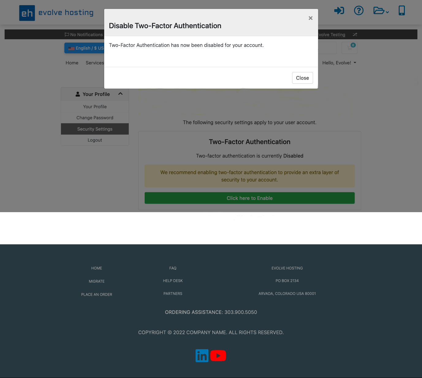 Two Factor Authentication (2FA) Disabled