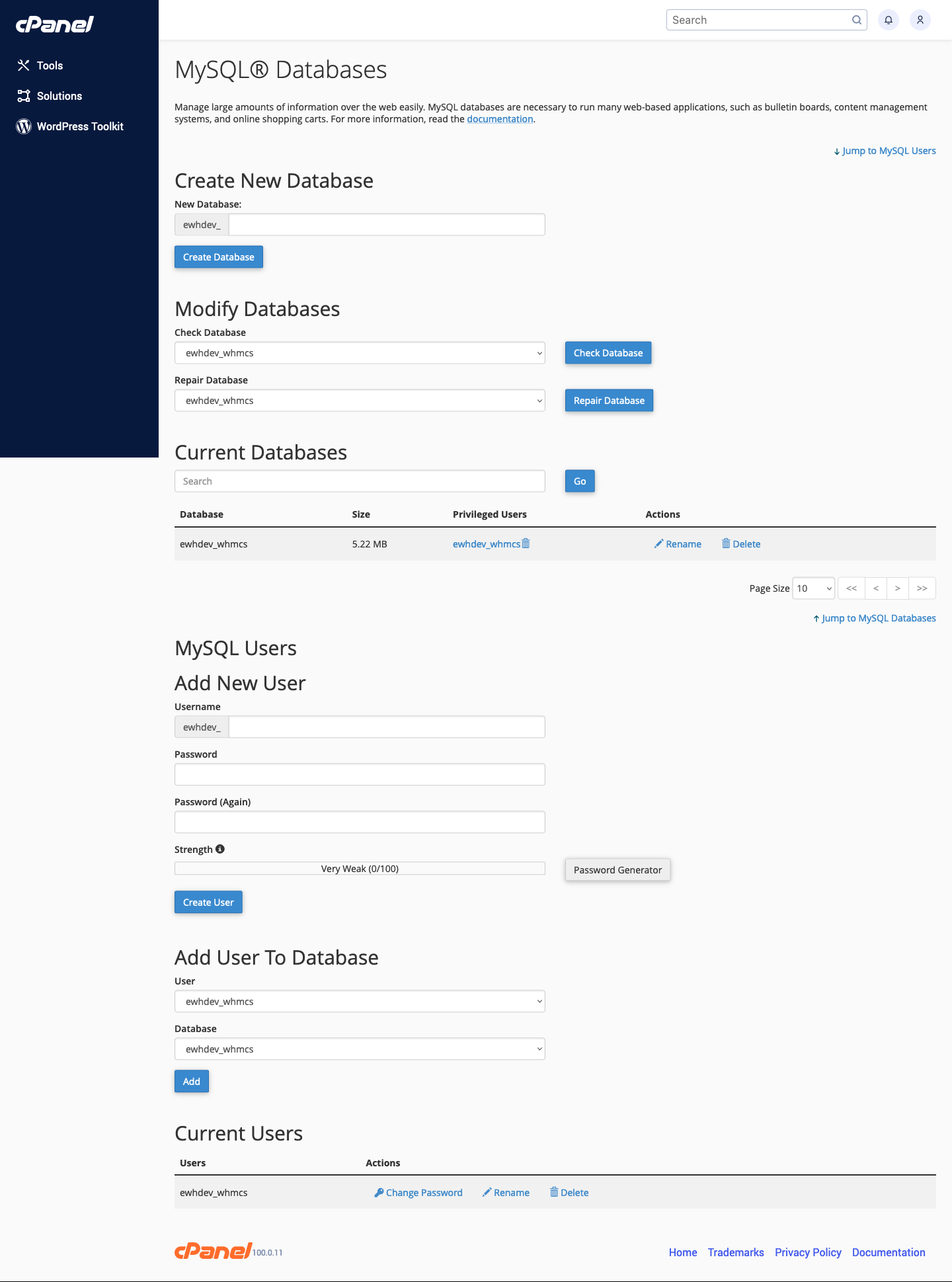 cPanel MySQL Databases Screenshot