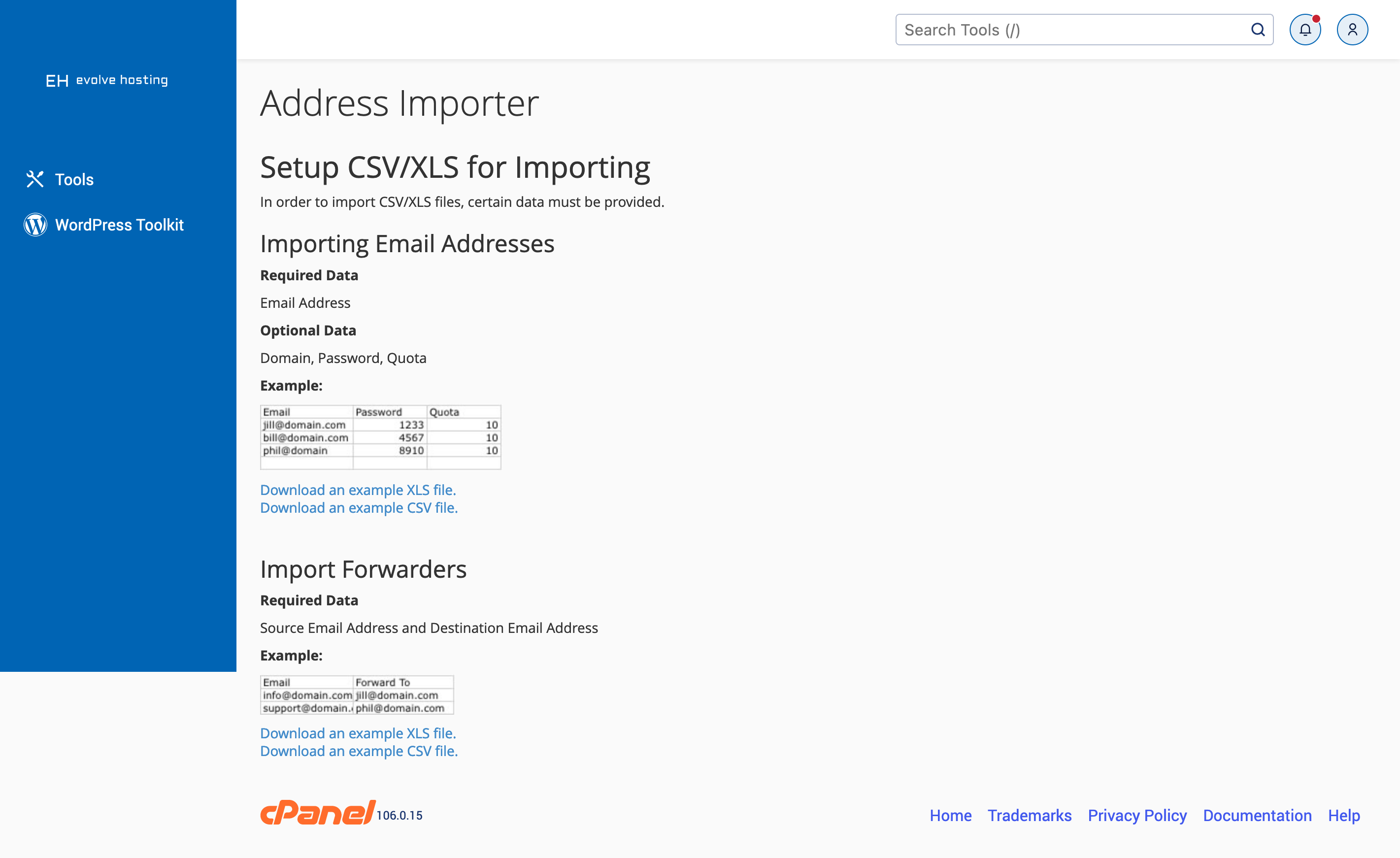 cPanel Example Import Format