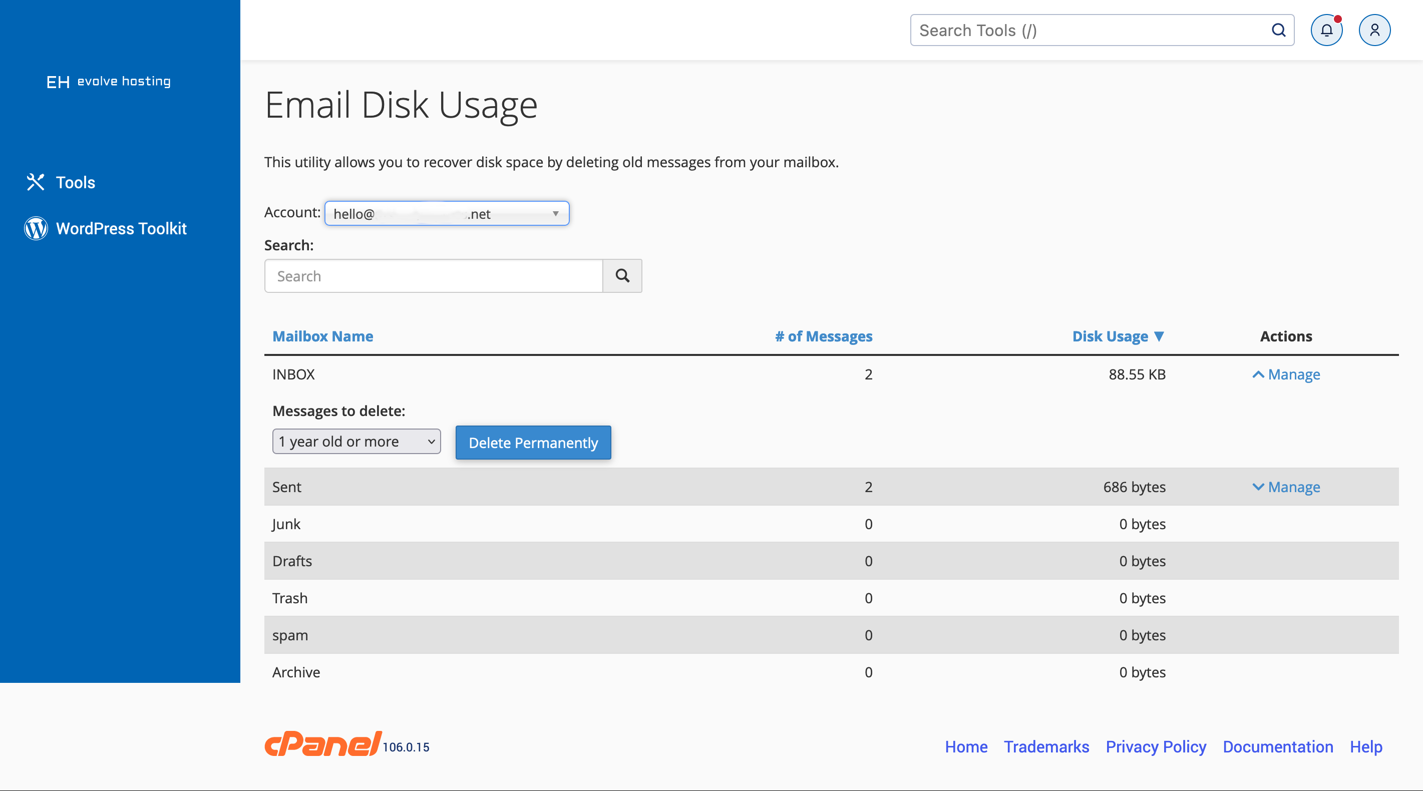cPanel Email Disk Usage Screen