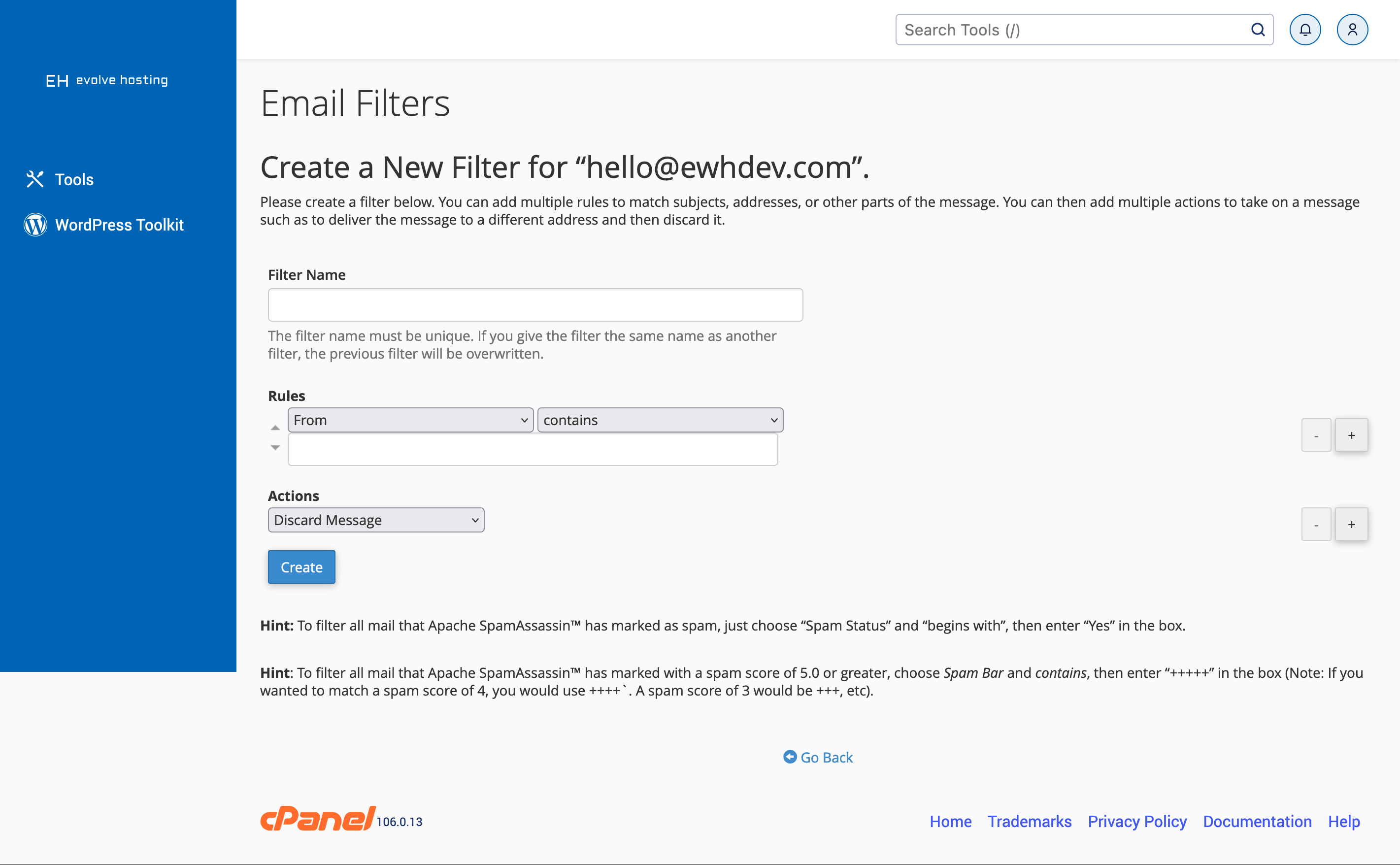 cPanel Create a New Email Filter Screen