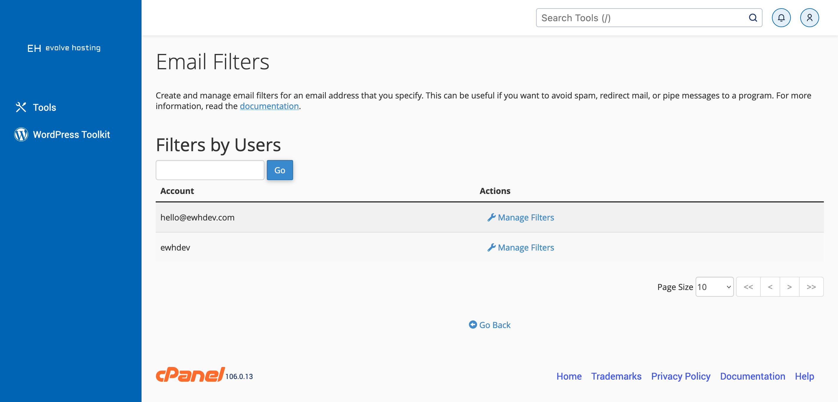 cPanel Email Filters Screen