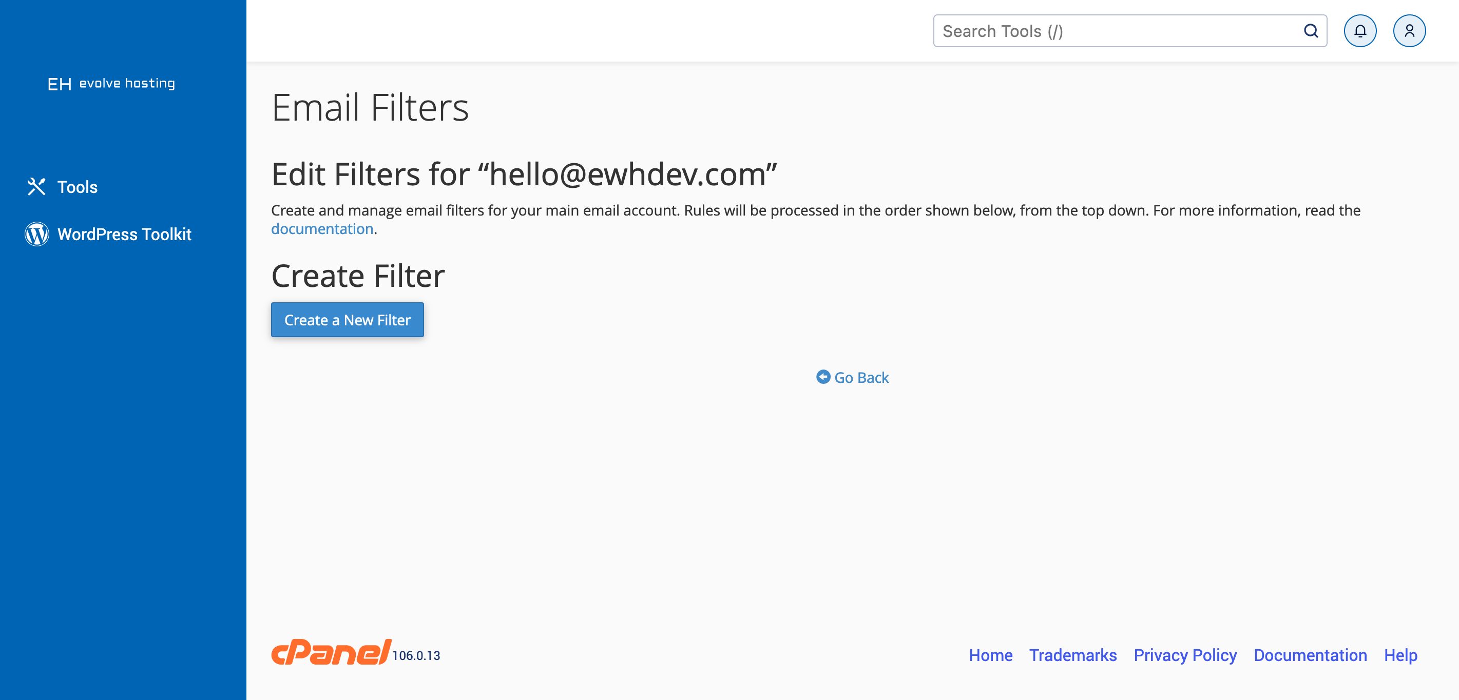 cPanel Manage Email Filters Screen