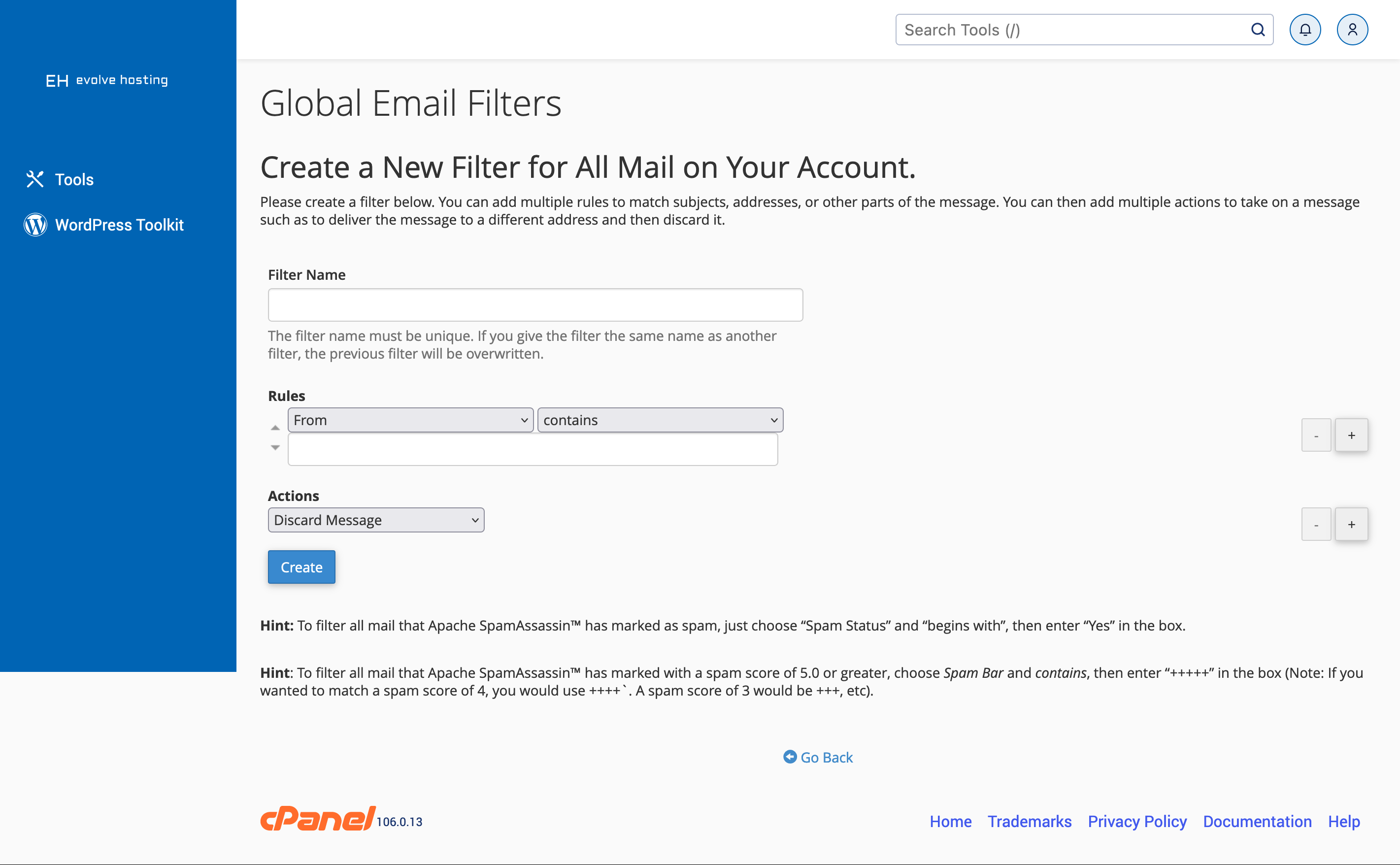 cPanel Create a New Global Email Filter