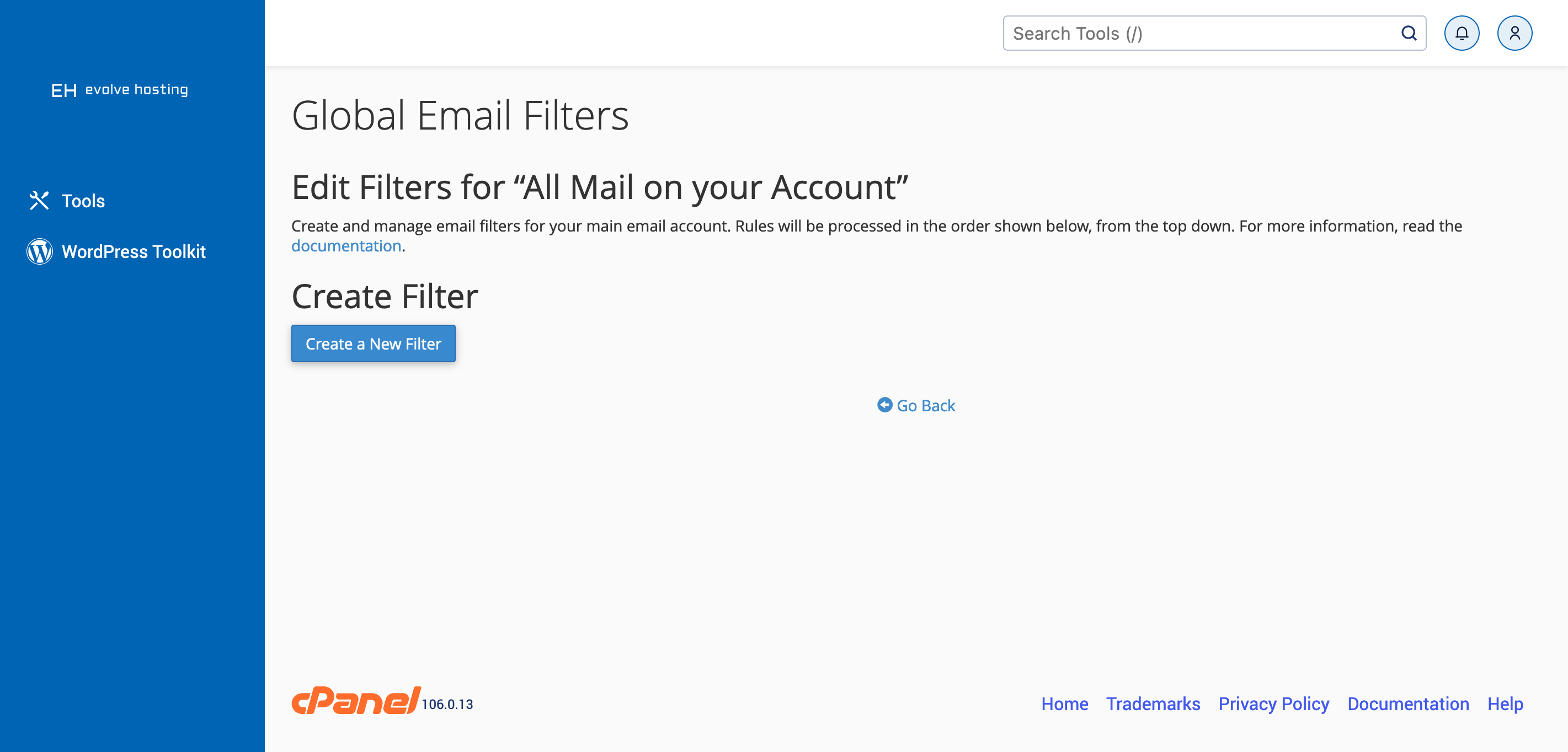 cPanel Global Email Filters Section