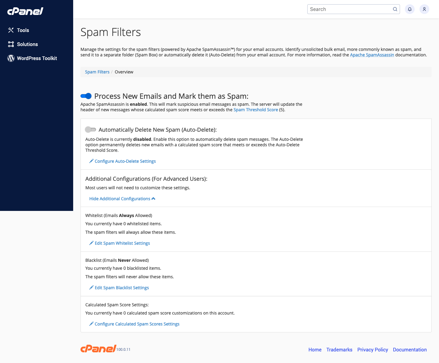 cPanel Spam Filters Section