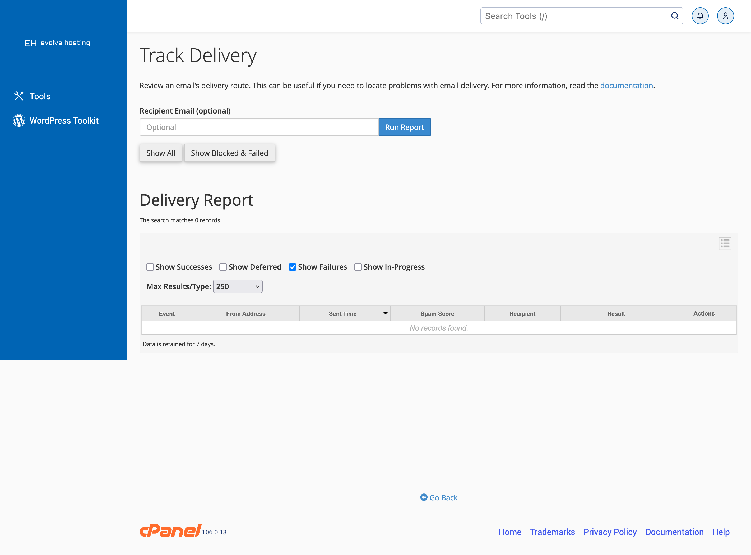cPanel Track Delivery Screen