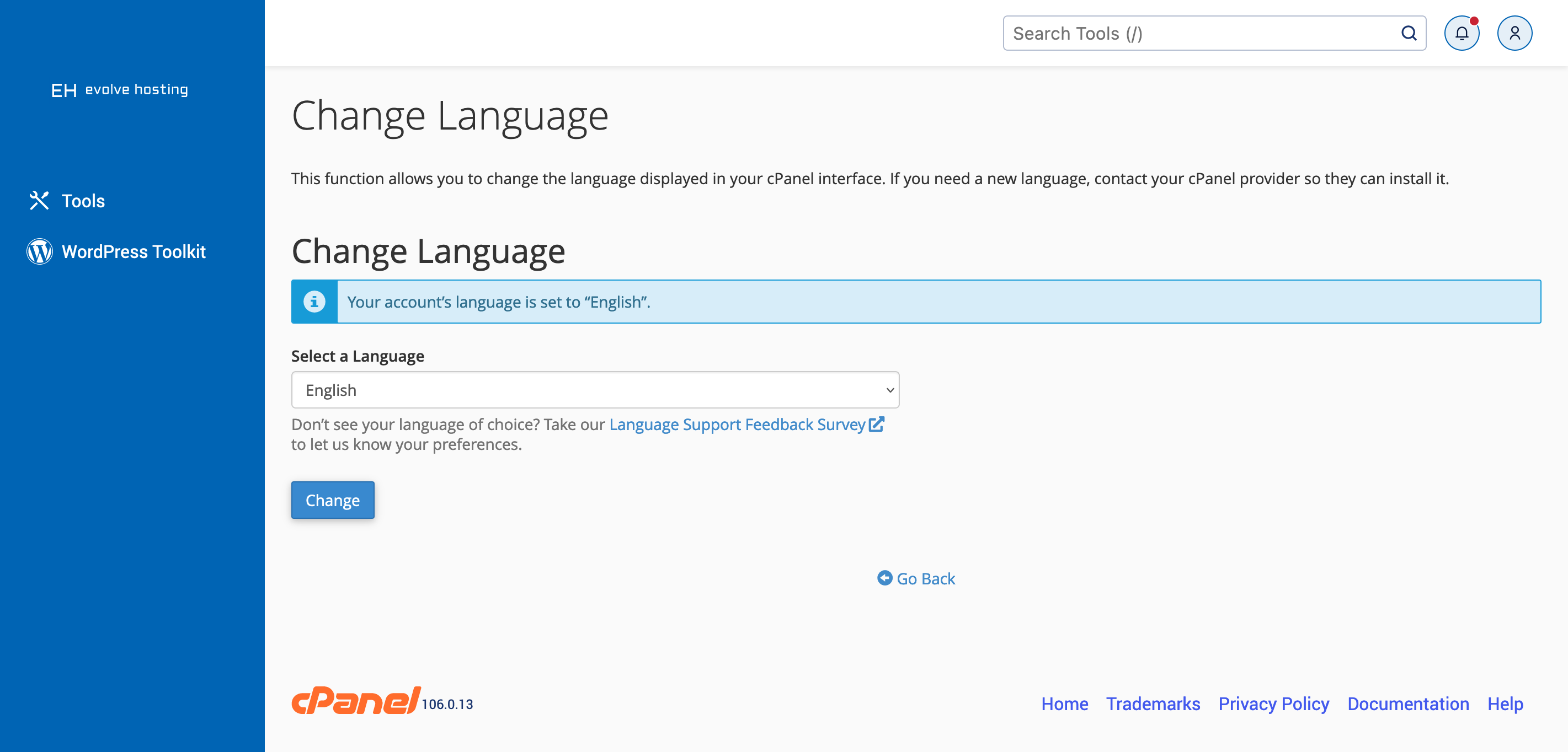 cPanel Change Language Screen