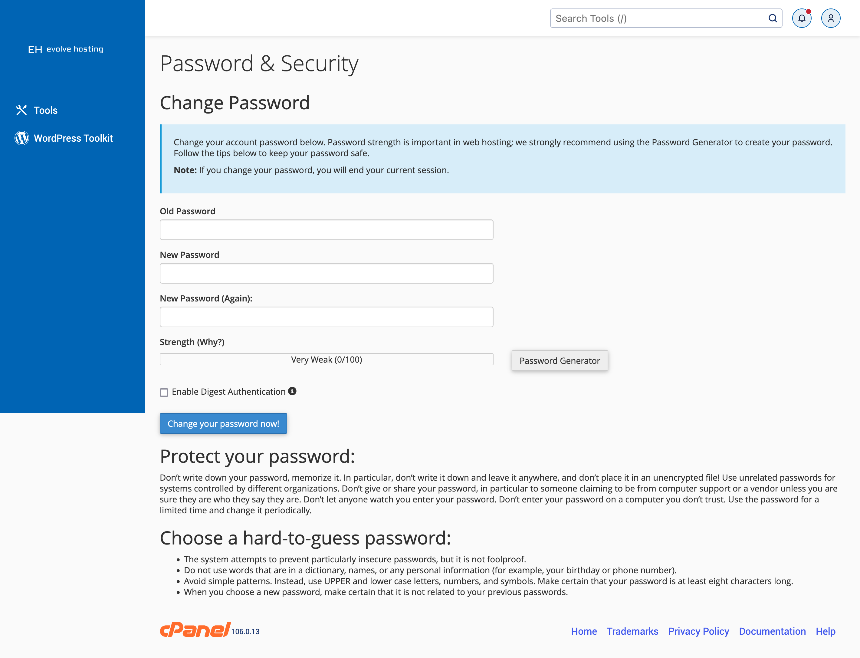 cPanel Password and Security Screen