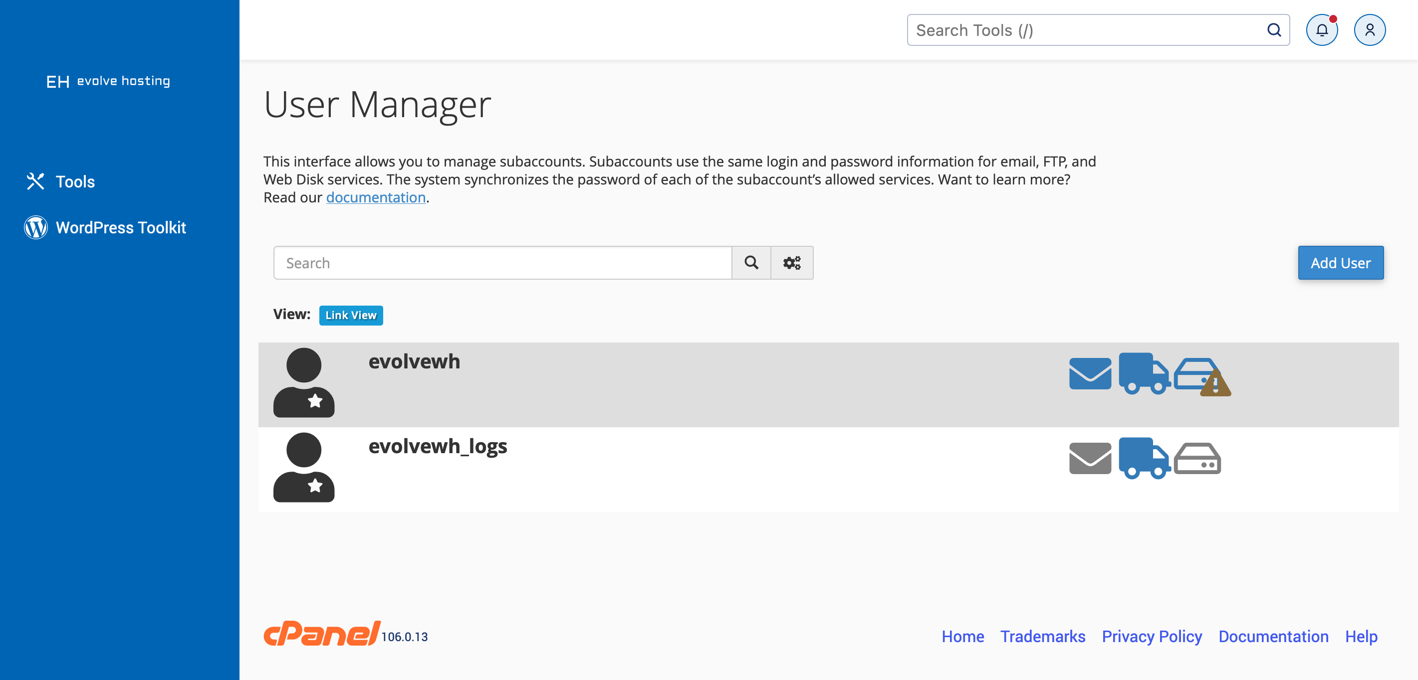 cPanel User Manager Screen