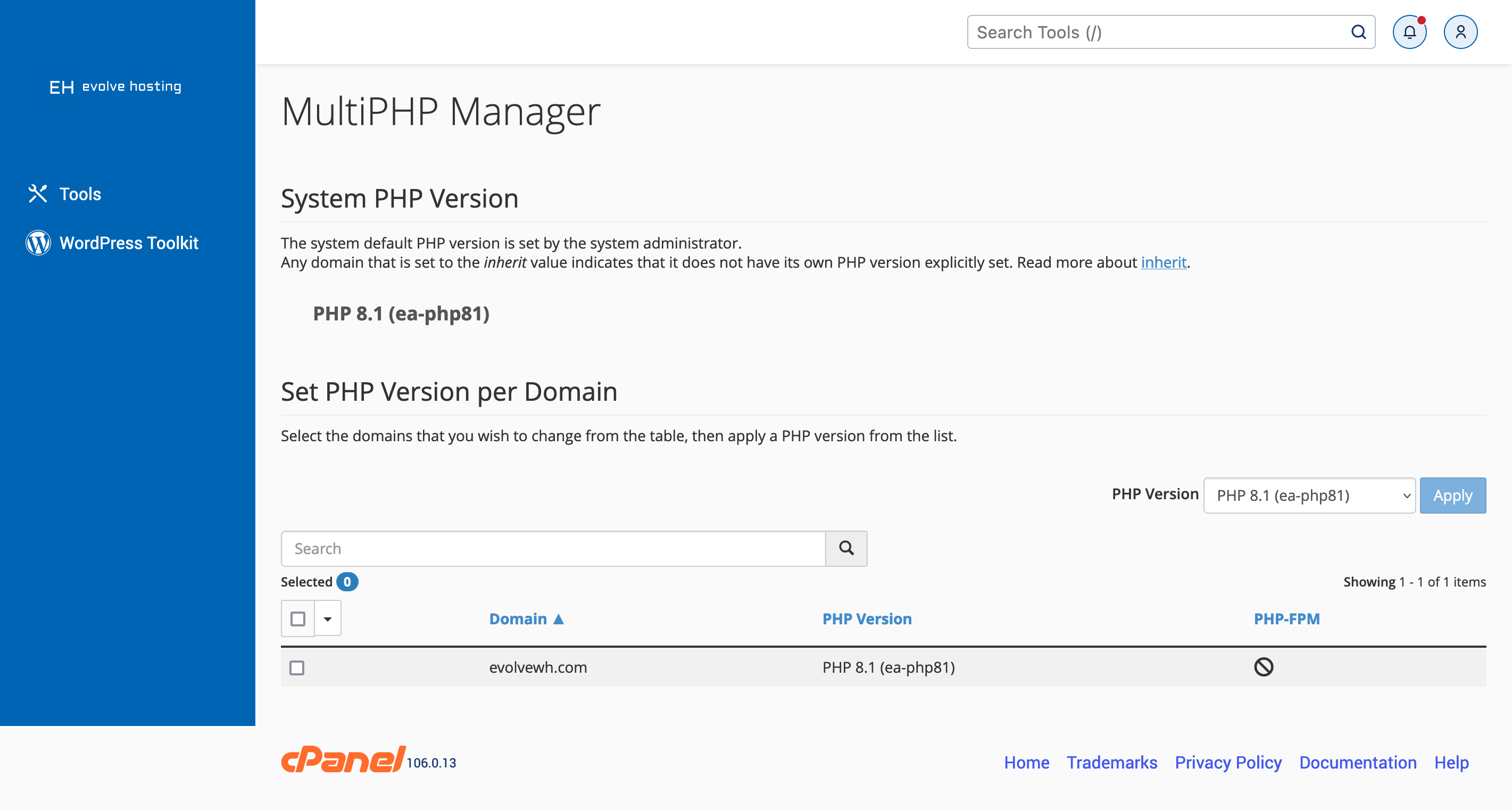 cPanel MultiPHP Manager Screen