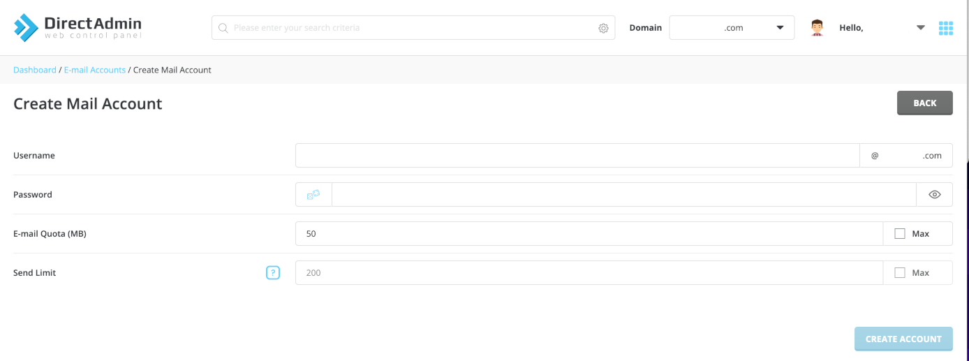 DirectAdmin Create Email Account Screen