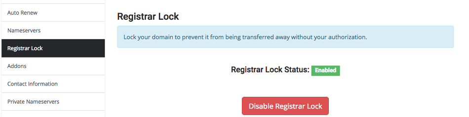 Single Domain Registrar Lock Screenshot
