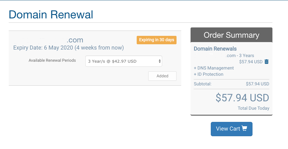 Review your Cart with your Domain Names added for renewal