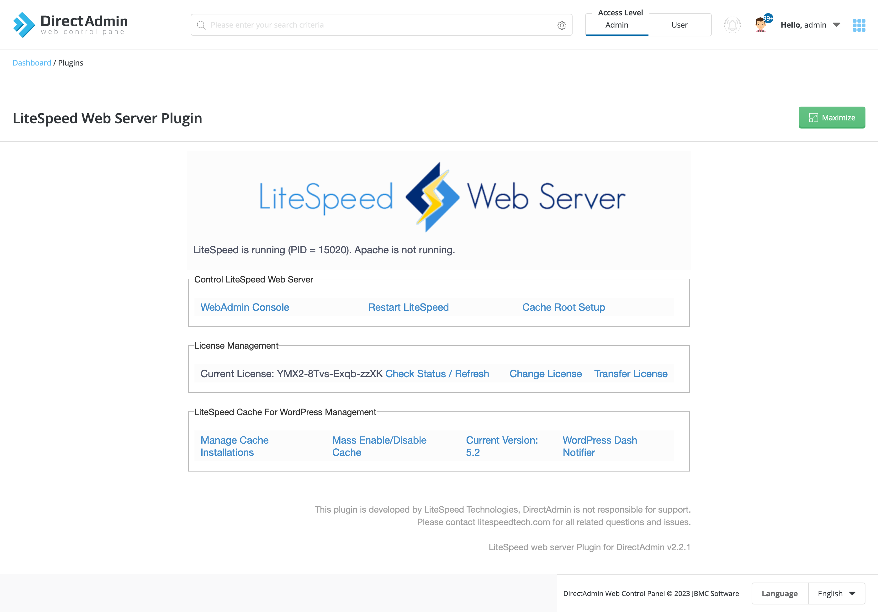 LiteSpeed Dashboard Screenshot using DirectAdmin Control Panel